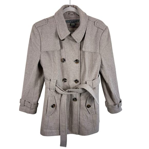 Kenneth Cole Reaction Tan Wool Blend Double Breasted Buttoned Belted Pea Coat XL